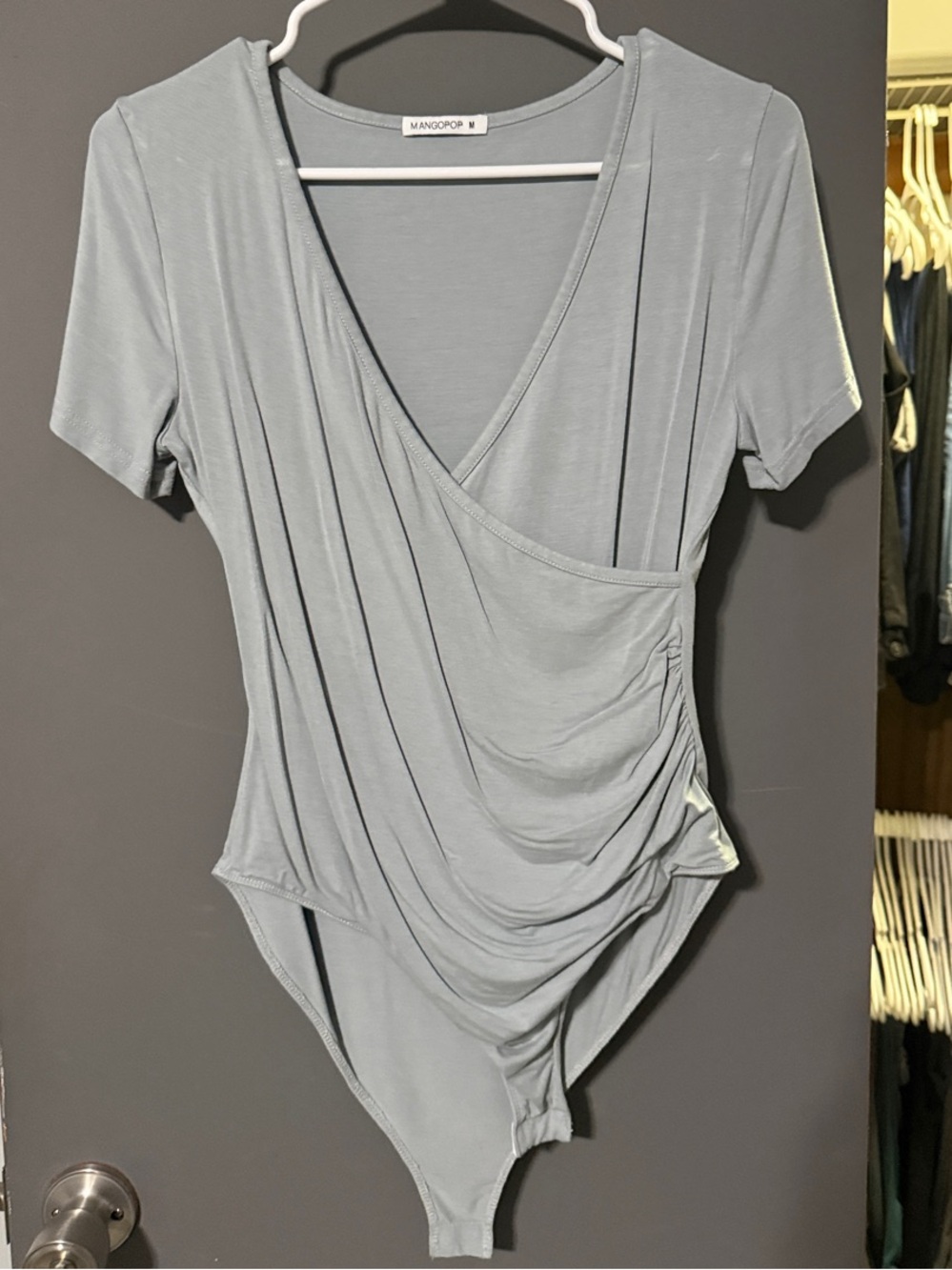 Mango Gray Draped V-Neck Short Sleeve Bodysuit